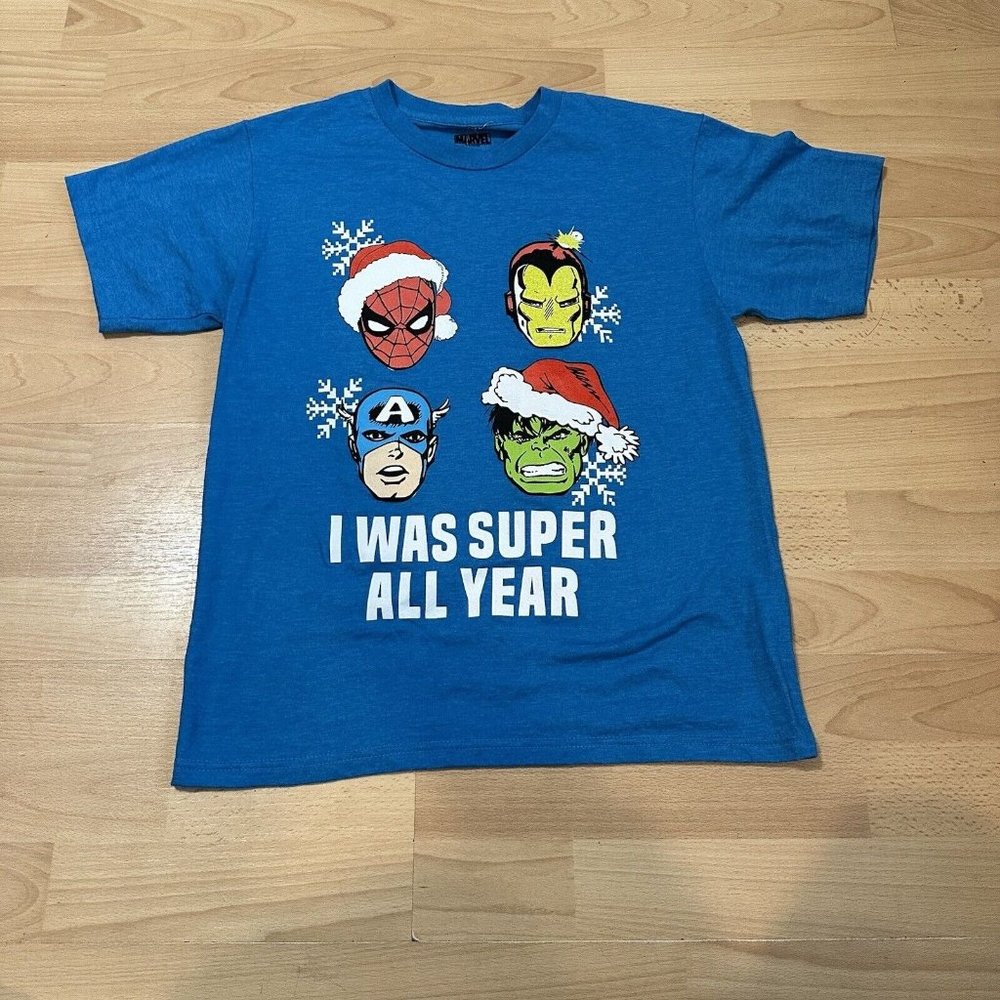 New Boy’s Boys Size Medium Marvel Graphic Christmas Superhero T-Shirt Shirt Top